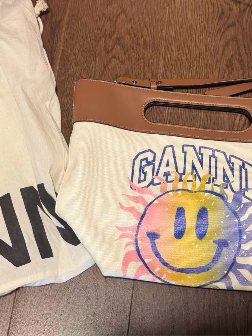 Ganni Cream Canvas Tote with Brown Leather Trim and Multicolor Smile